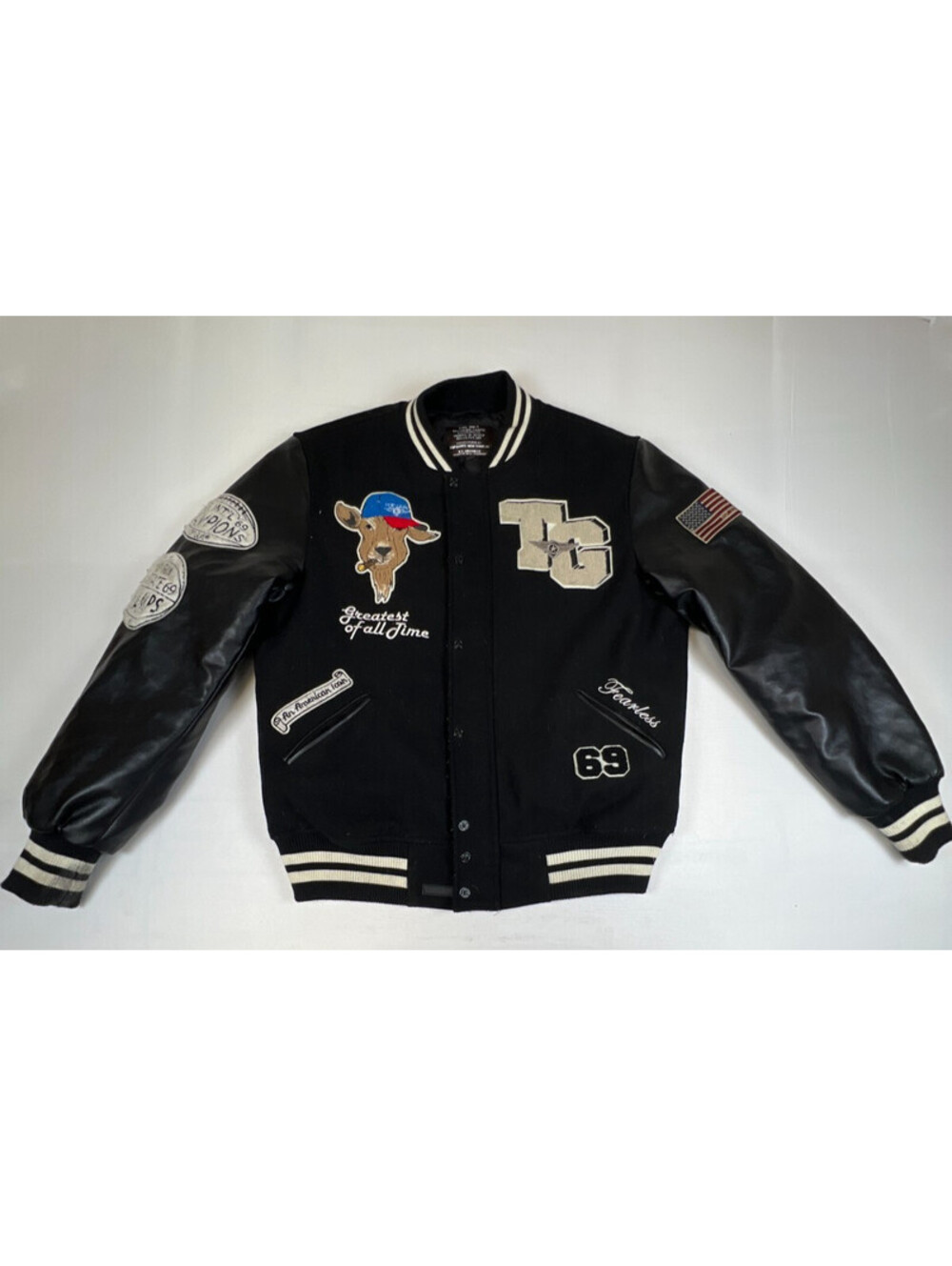 Top Gun Men USXL Black Varsity Bomber Jacket Leather Sleeve Patches Type MA-1